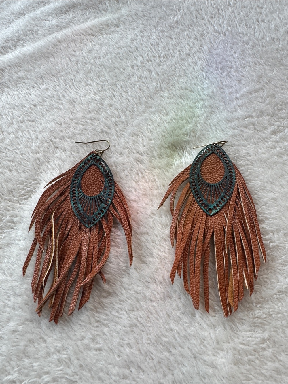 Boho Leather Fringe Teardrop Earrings - Brown with Antiqued Green Accent